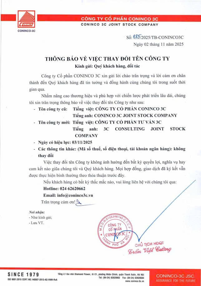 Thông báo về việc thay đổi tên Công ty CP CONINCO 3C