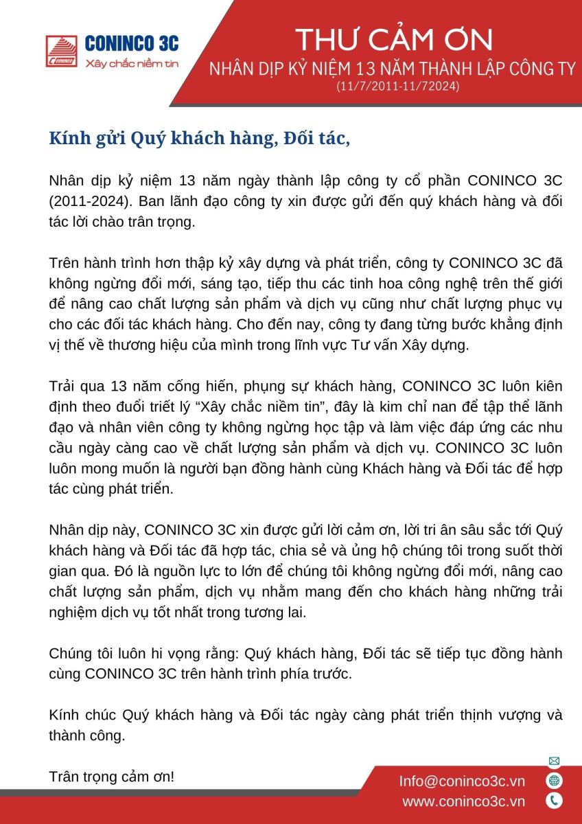 Thư cảm ơn nhân dịp kỷ niệm 13 năm thành lập công ty 11/07/2011-11/07/2024