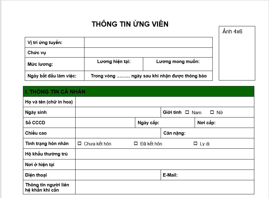 Mẫu THÔNG TIN ỨNG VIÊN- Dùng ứng tuyển vào Công ty CP CONINCO 3C